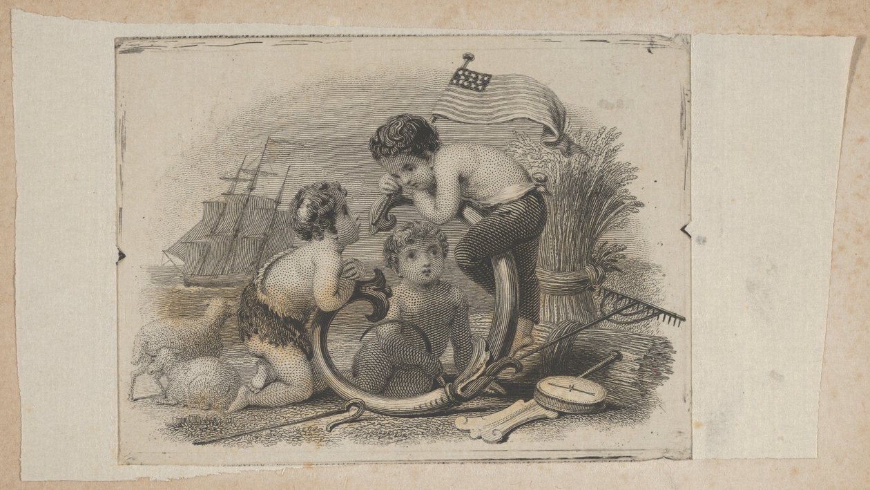 Vignette de billet de banque avec trois putti en tant que berger, fermier et marin, ca. 1824-37 - Asher Brown Durand.