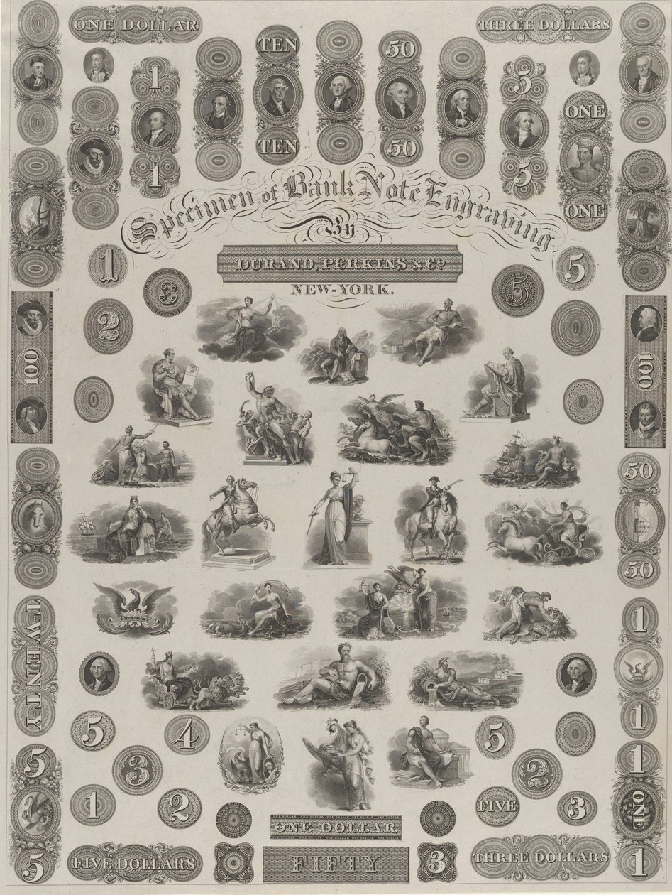 Feuille de spécimen de gravure de billet de banque, vers 1828 - Asher Brown Durand