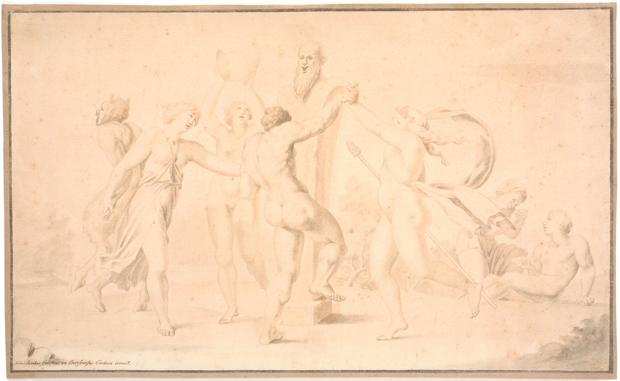 Bacchanale. Un satyre, une bacchante et trois bacchantes dansent autour de Priape - Asmus Jacob Carstens
