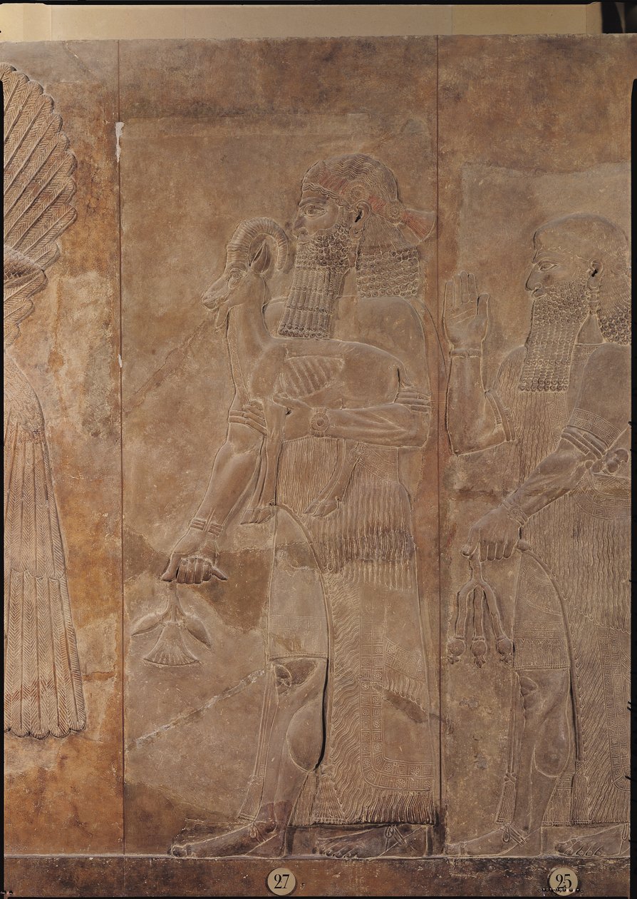 Relief représentant Sargon II (721-705 av. J.-C.) ou un prêtre portant une gazelle sacrificielle, du Palais de Sargon II à Khorsabad, Irak - Assyrian