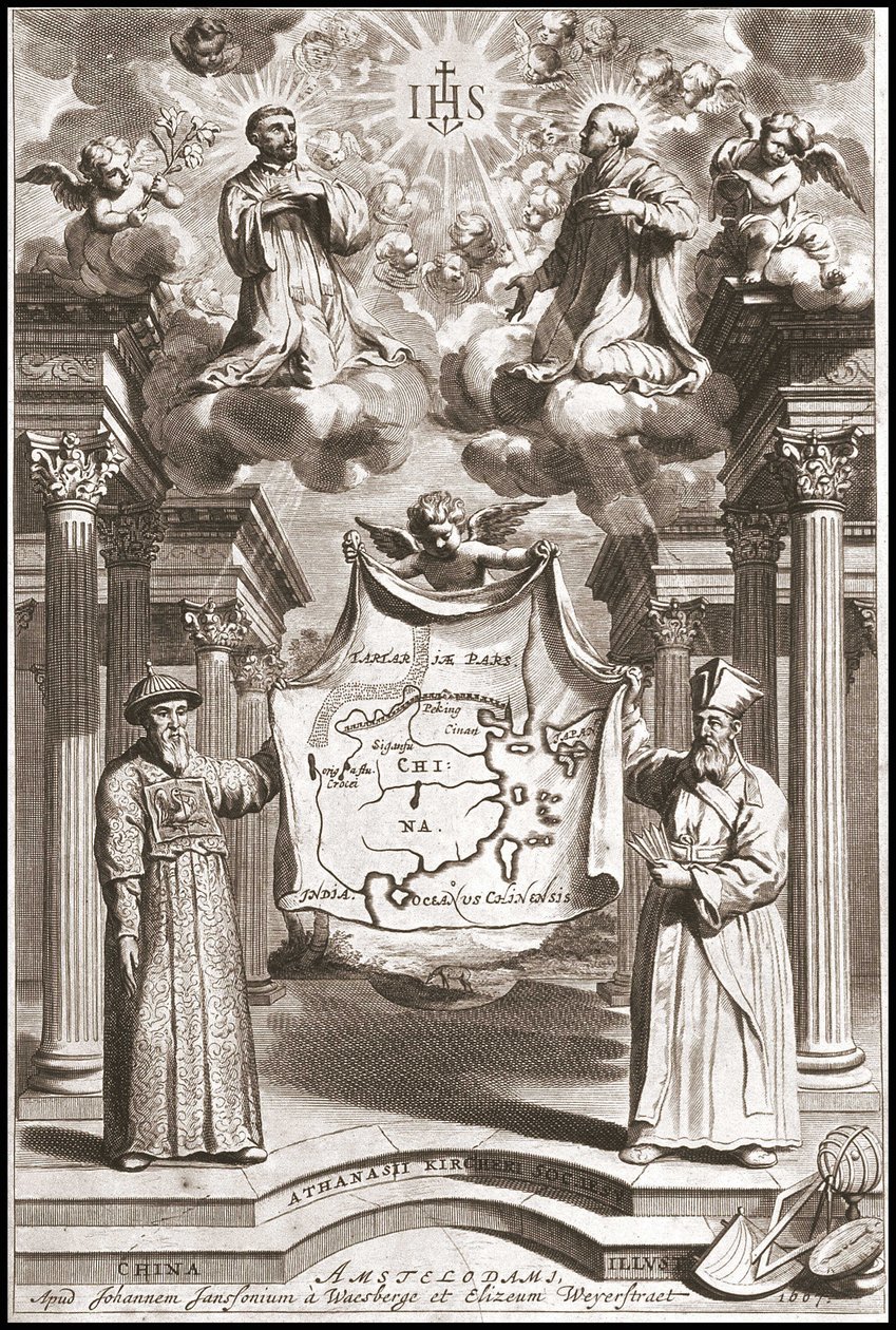 Adam Schall et Matteo Ricci en costume mandarin chinois, frontispice de « China » par Athanase Kircher - Athanasius Kircher