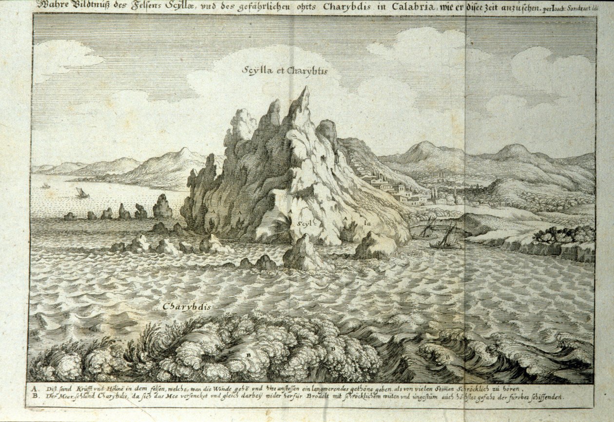 Vue des rochers de Charybde et Scylla dans le détroit de Messine, Sicile. Gravure de "Mundus Subterraneus" par Athanasius Kircher (1601-1680), jésuite, orientaliste et érudit 1682 - Athanasius Kircher