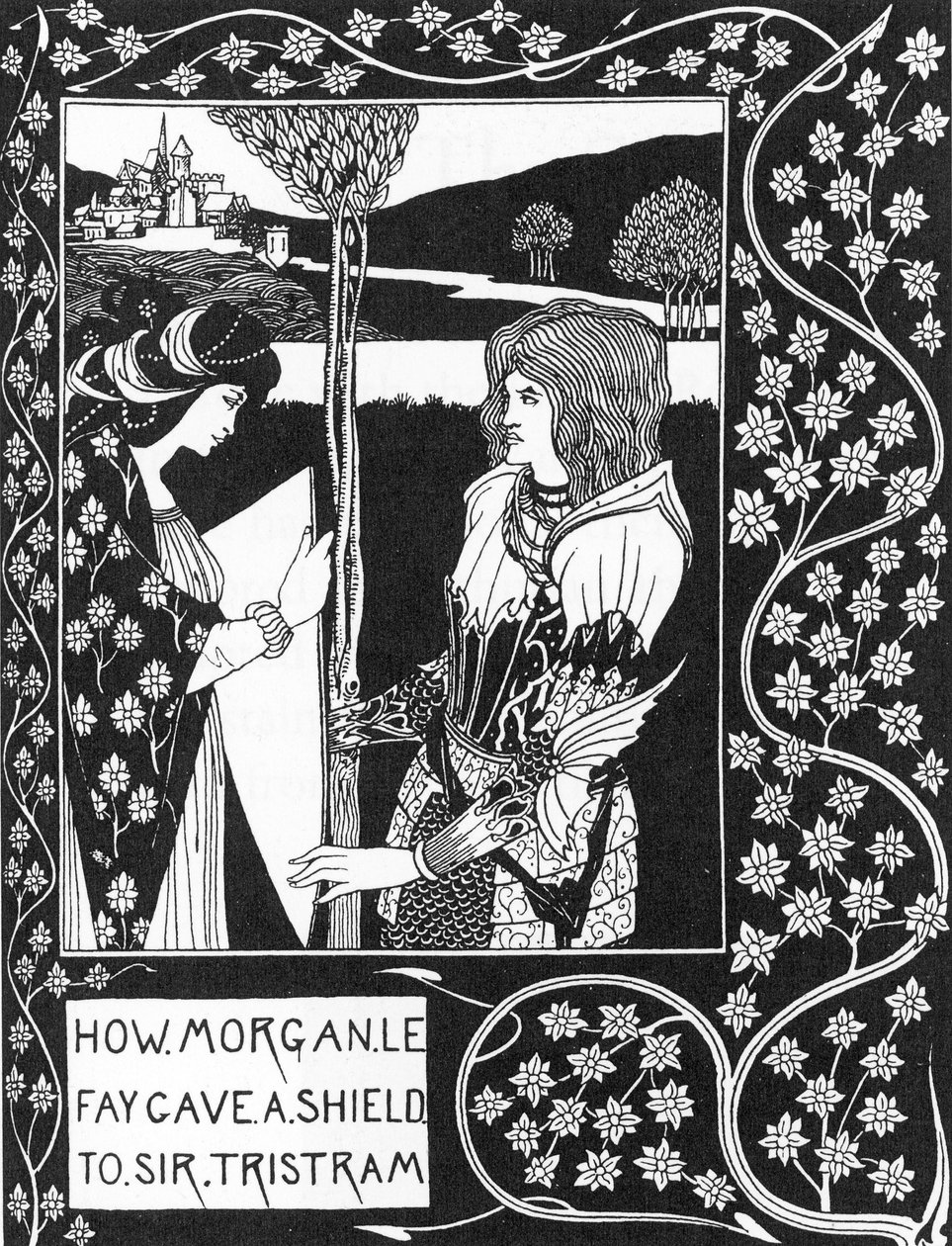 Légende arthurienne : La fée Morgane donne un bouclier à Tristan (gravure dans L