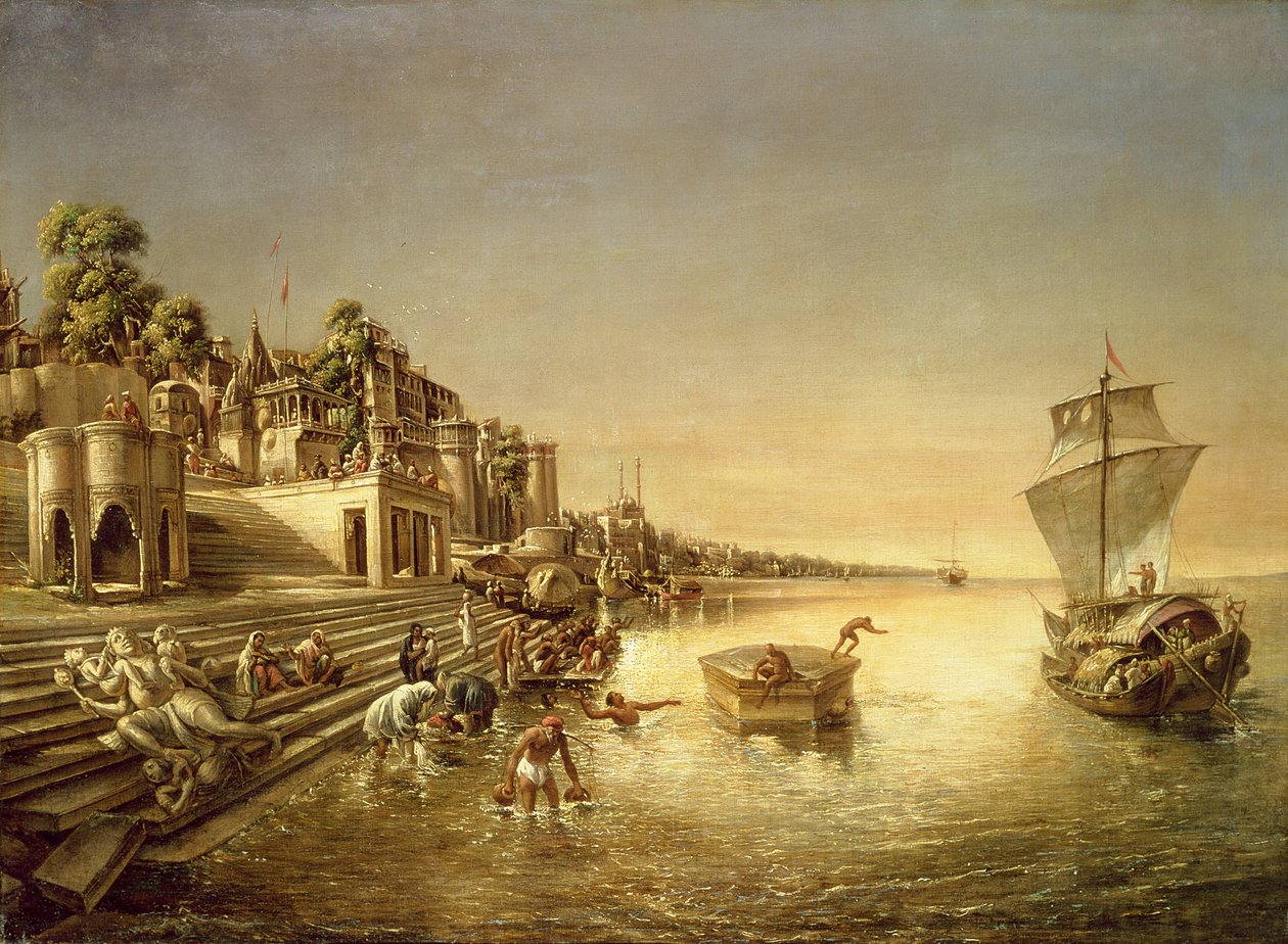 Vue de Bénarès avec des gens se baignant et priant dans le Gange - August Theodor Schoefft