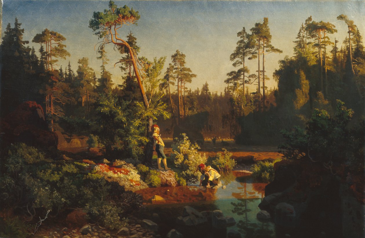 Petits garçons dans la forêt (Garçons bergers) (peinture) - August Cappelen