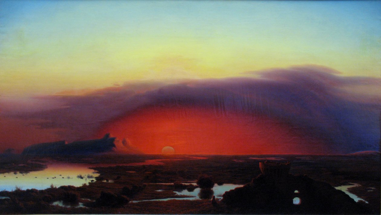 French : Les marais pontins au coucher du soleil The Pontine Marshes at Sunset - August Kopisch