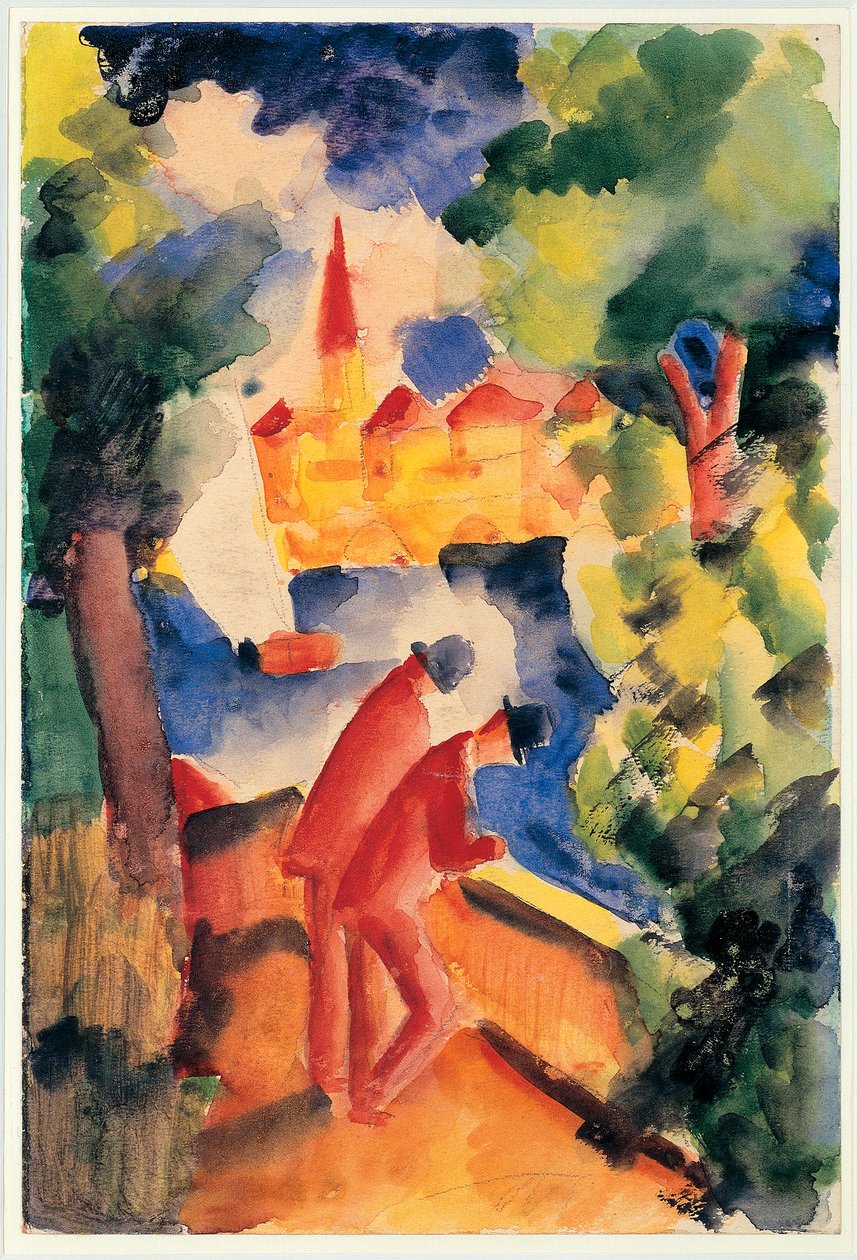 Deux hommes appuyés sur la rambarde surplombant un lac - August Macke