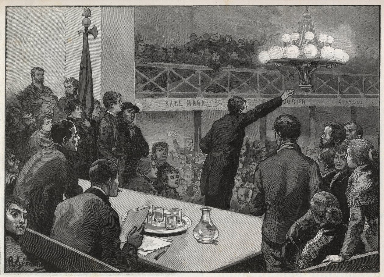 Réunion pour la grève au Vooruit en 1885 - gravure dans «Le Monde illustré» - dessin par Gérardin - Auguste (after) Gerardin