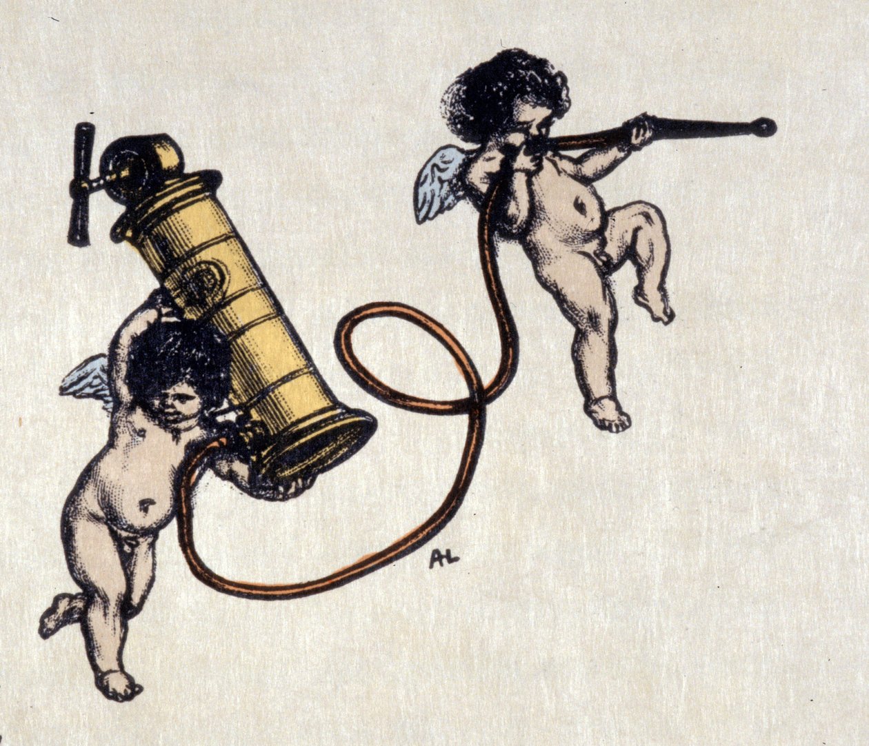Les joies du clystère. Deux anges portant une pompe à lavement. Illustration d