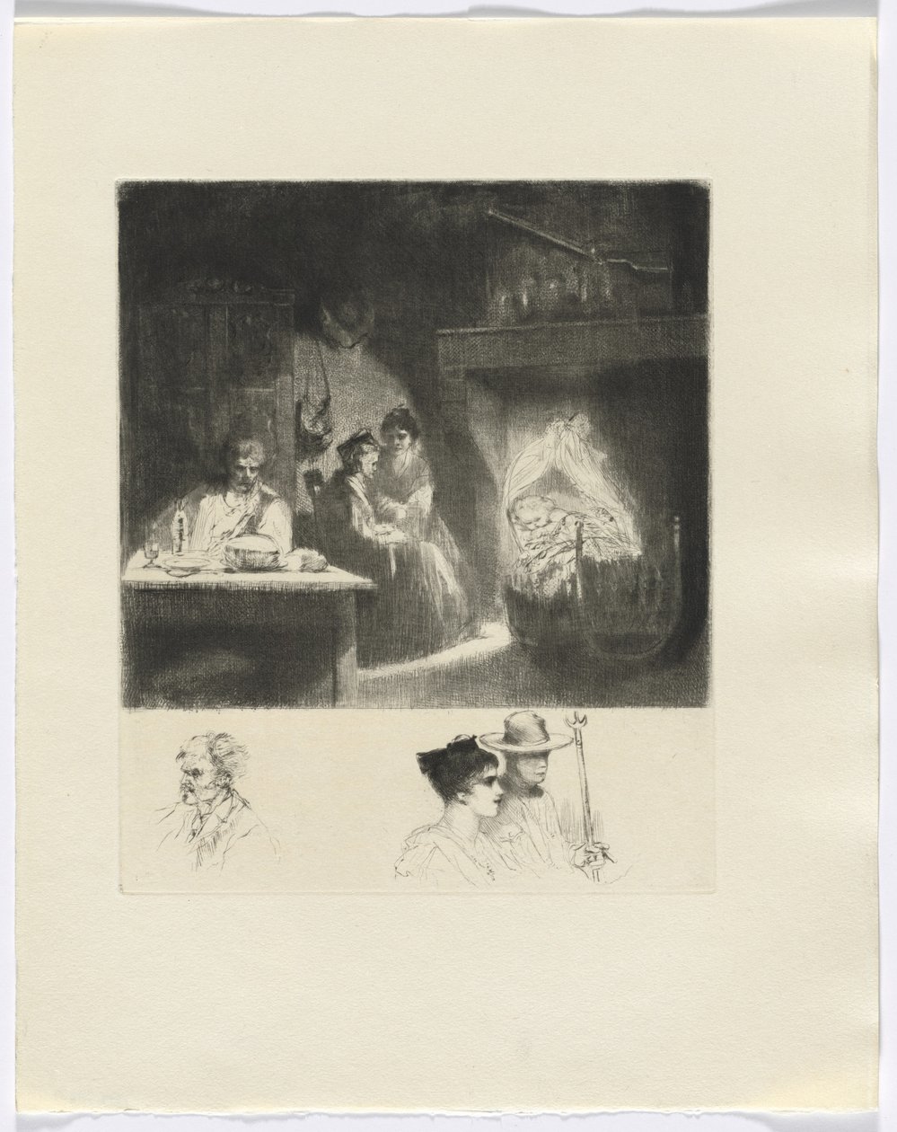 Frédéric Mistral : Mémoires et Récits de Frédéric Mistral : scène de famille/ buste de trois personnages (encart après la p. 48) - Auguste Brouet