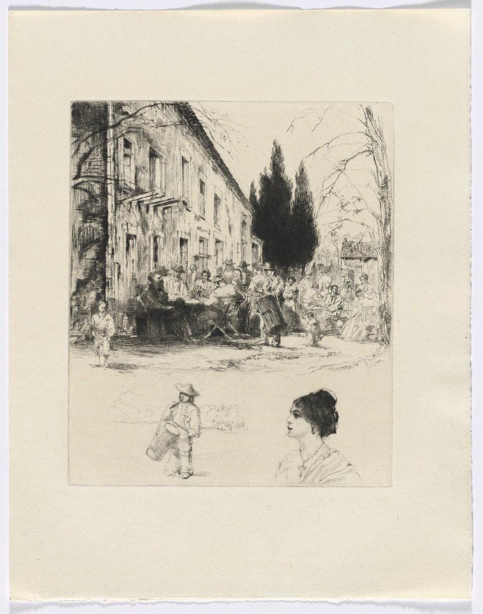 Frédéric Mistral : Mémoires et Récits de Frédéric Mistral : personnages à une table en plein air/ homme jouant du tambour et buste de femme (insérer après p. 136) - Auguste Brouet