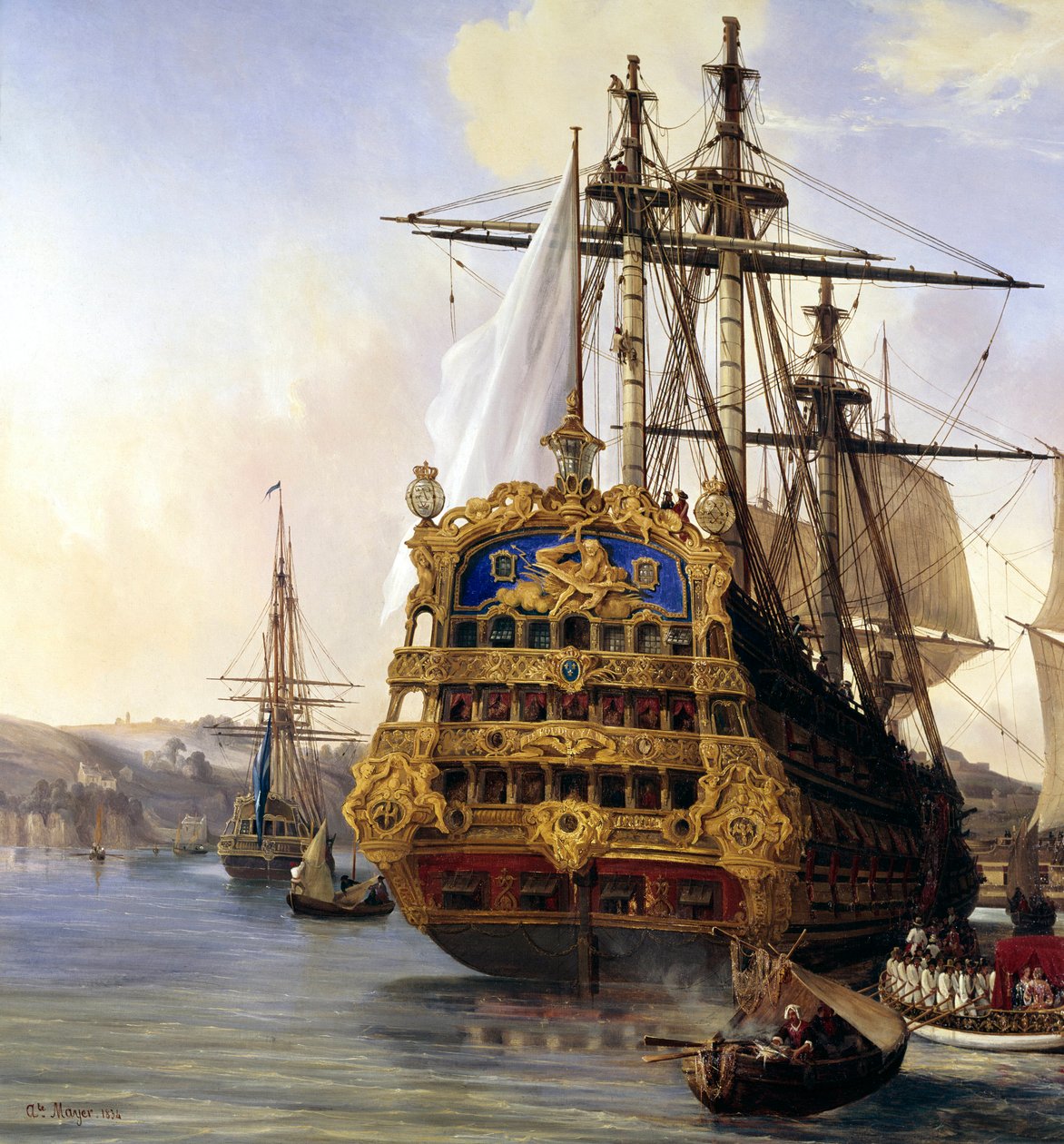 La poupe du Foudroyant en 3D Auguste_Etienne_Francois_Mayer_-_Le_navire_le_foudroyant_en_rade_de_Brest_en_1724_Detail_painting_by_Auguste_May_-_%28MeisterDrucke-993926%29