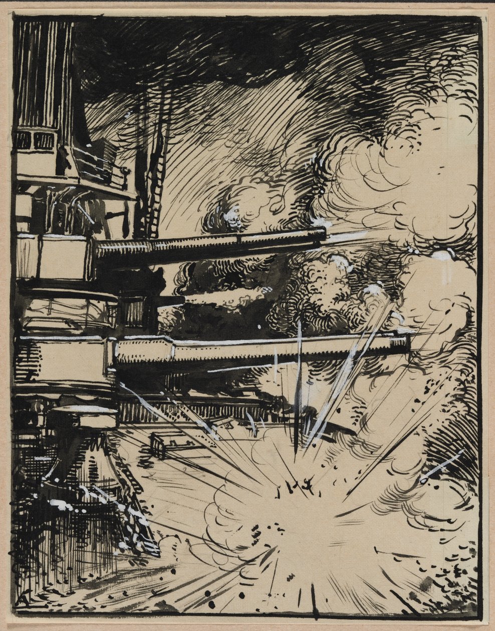 Bombe explosant sur un cuirassé aux canons braqués - Auguste Louis Lepère