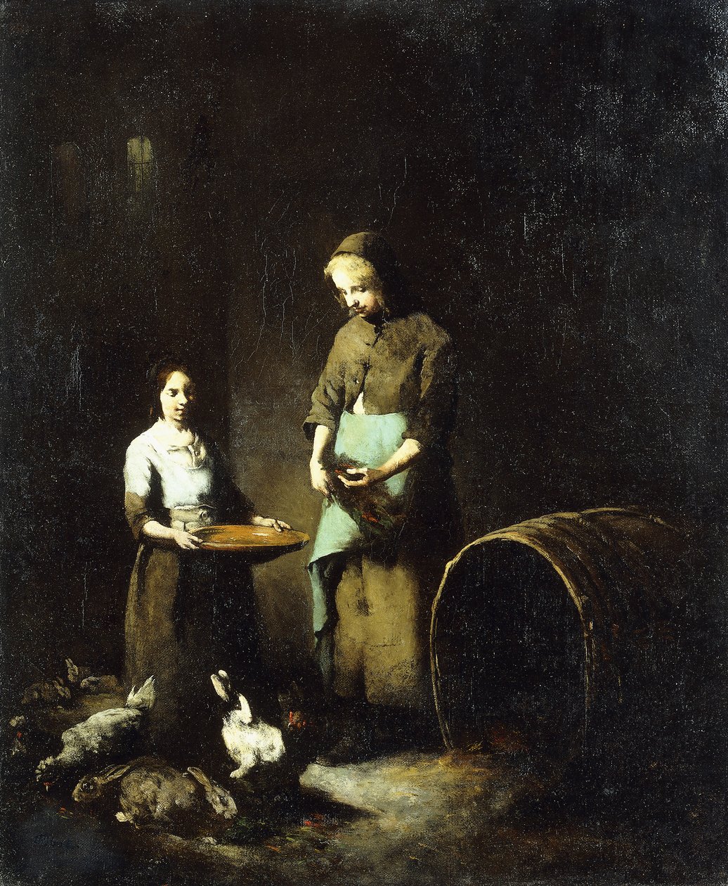 Jeunes paysannes nourrissant des animaux de basse-cour - Auguste Theodule Ribot
