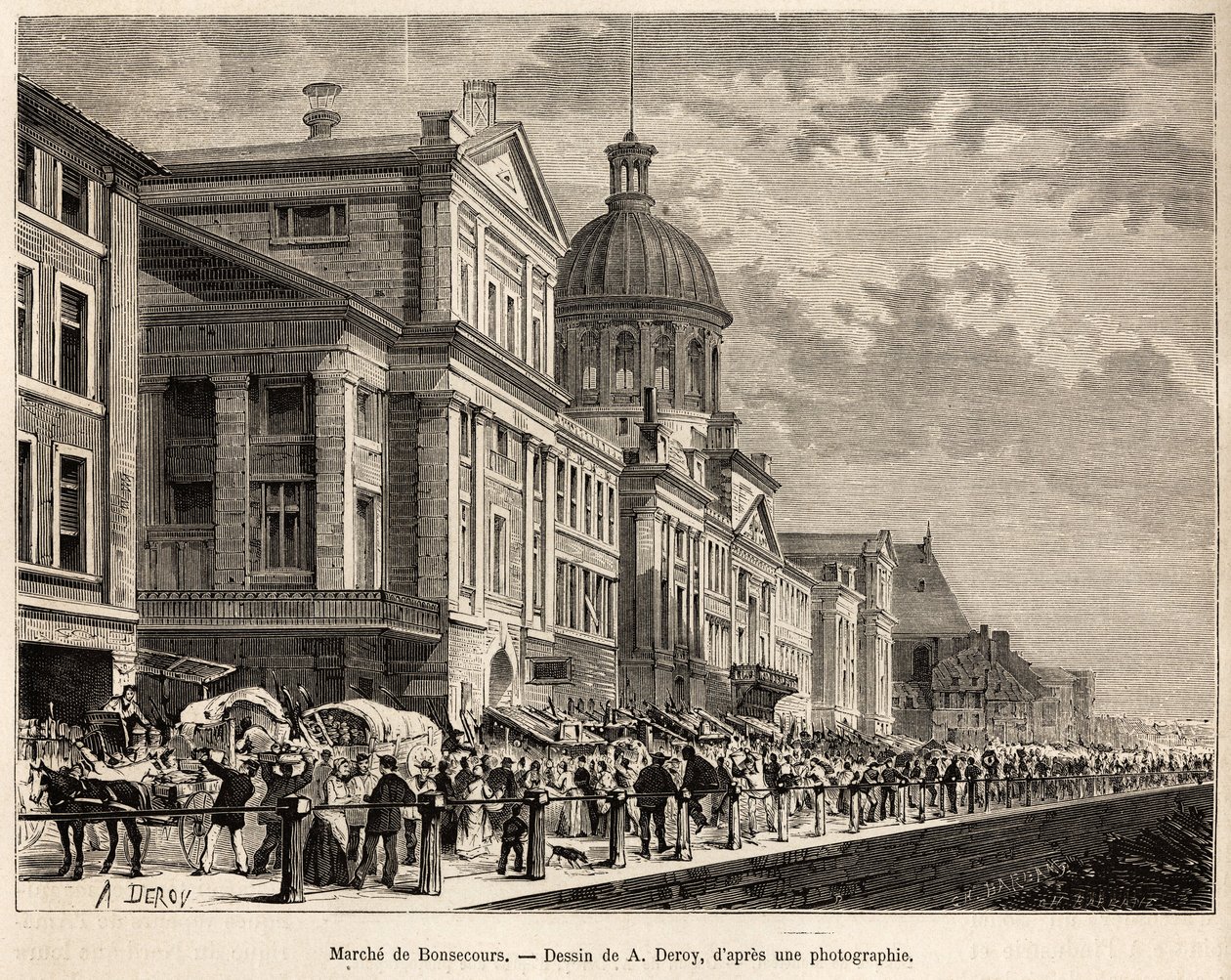 Le marché de Bonsecours, centre touristique et culturel de Montréal, gravé d
