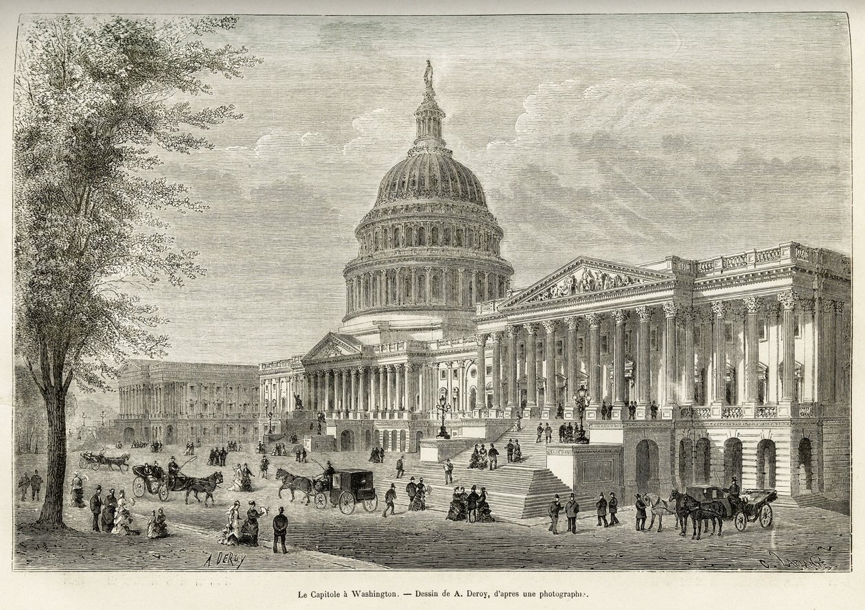 Le Capitole, siège de la législature, construit entre 1793 et 1830, à Washington (District de Columbia), la capitale des États-Unis. Gravure d