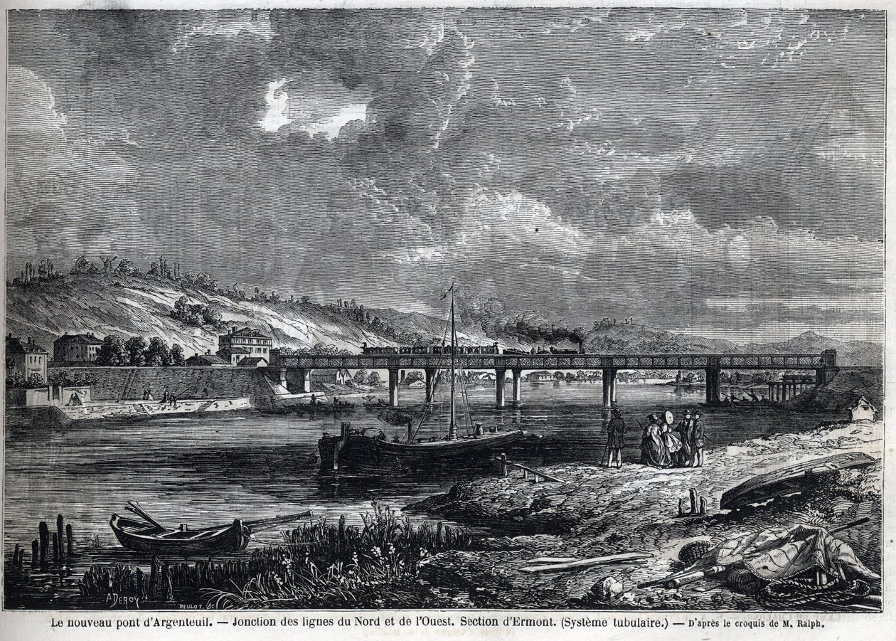 Le nouveau Pont à Argenteuil. Jonction des lignes Nord et Ouest. Section Ermont (système tubulaire). Gravure d