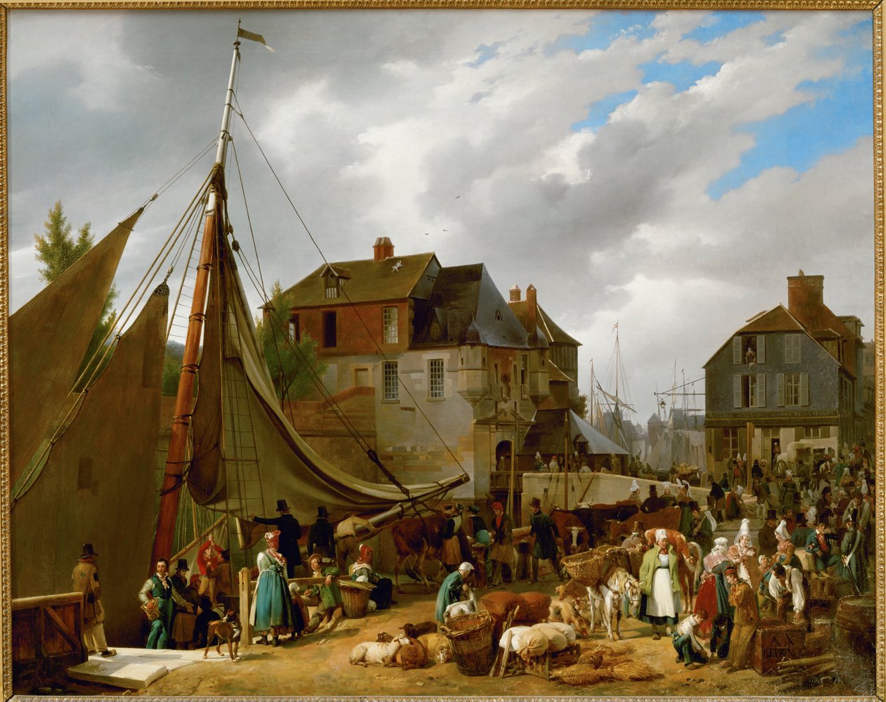Embarquement du bétail sur le navire " Le Passager " dans le port de Honfleur, France ... - Auguste Xavier Leprince