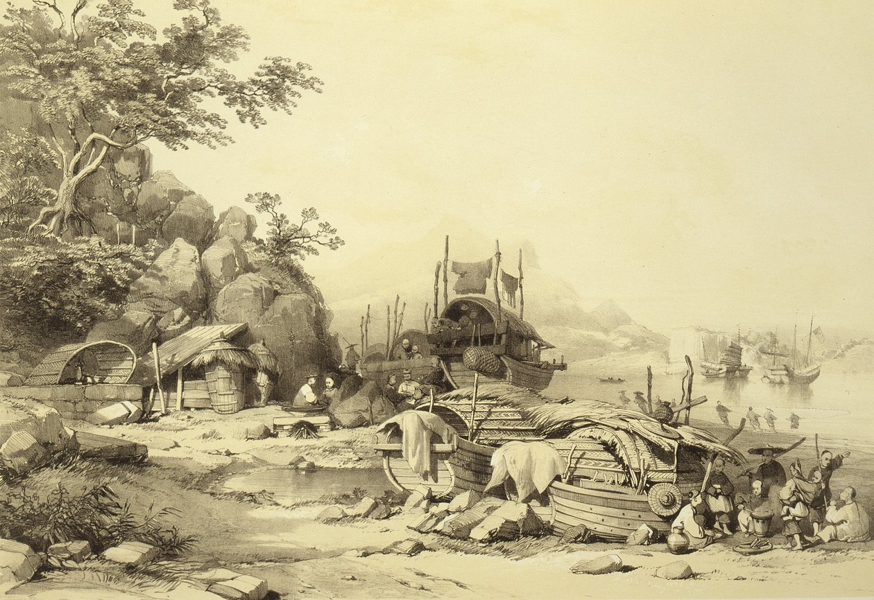 House Boats sur la baie de Cowloon, planche 6 de Sketches of China, gravé par Eugene Ciceri - Auguste after Borget