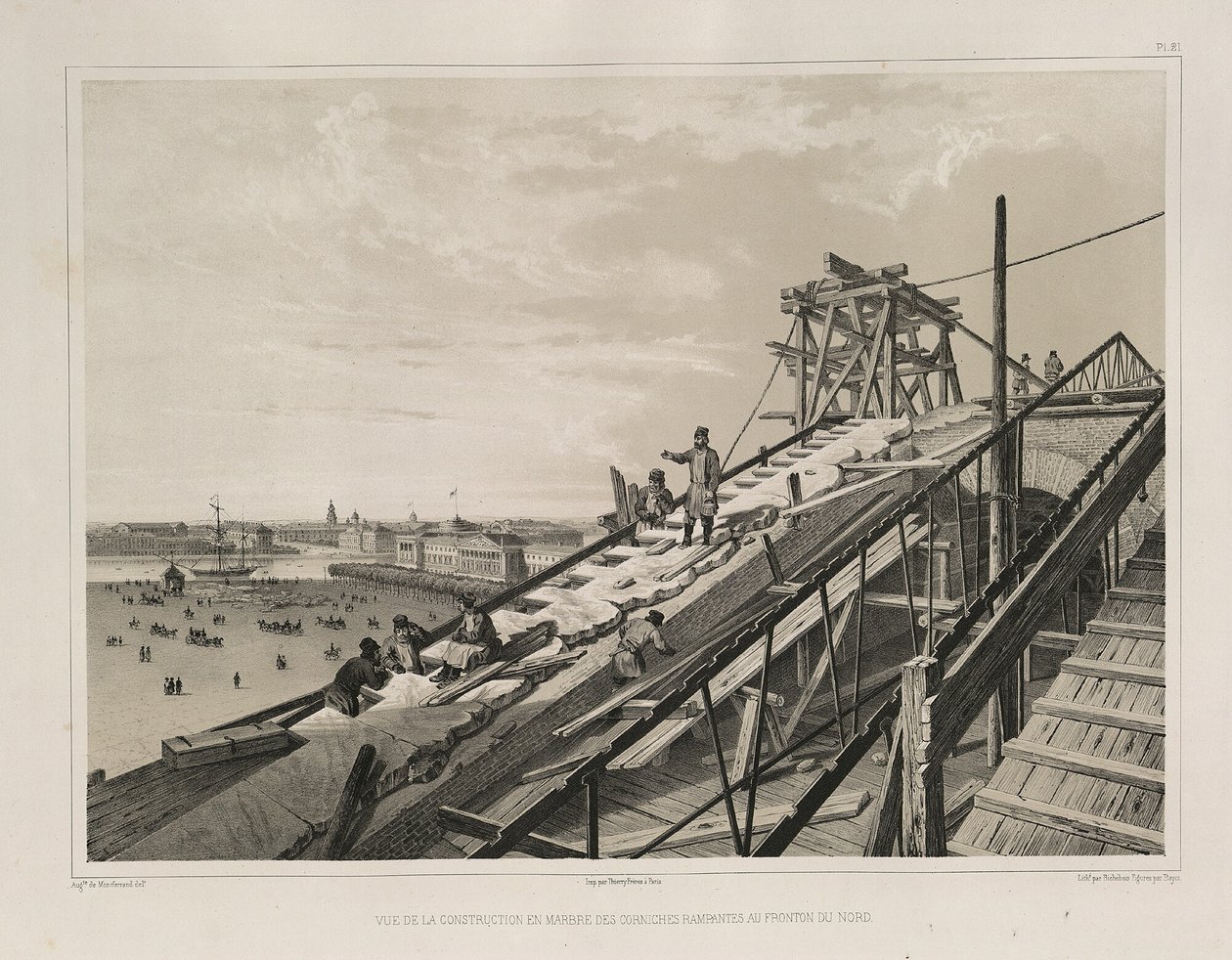 La construction de la corniche de : La construction de la cathédrale Saint-Isaac, 1845 - Auguste de Montferrand