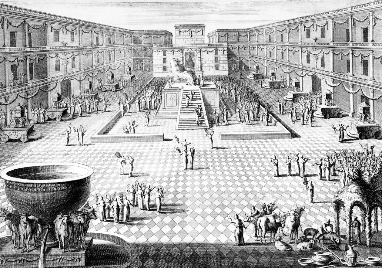 Reconstitution de la cérémonie dans le Temple de Salomon lors du dernier jour (Hoshannah Raba) de la fête juive de Souccot, illustration du Dictionnaire Historique de la Bible, 1722 - Augustin Calmet