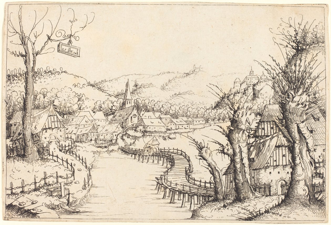 Paysage fluvial avec pont en bois - Augustin Hirschvogel
