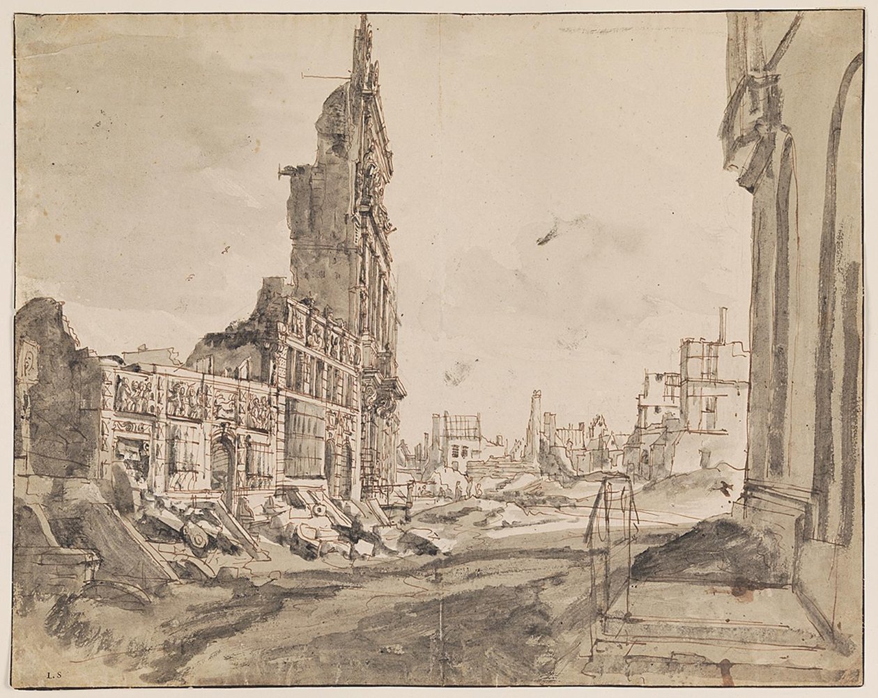 Vue des coins nord-est et nord-ouest de la Grand Place après le bombardement de 1695 - Augustin Coppens