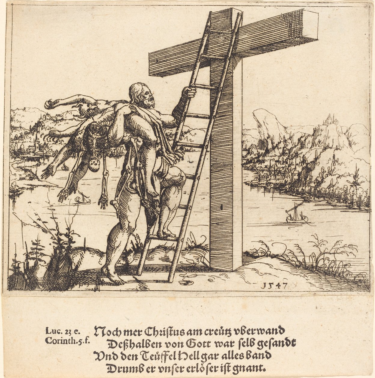 Le Christ montant sur la croix avec le péché, la mort et le diable - Augustin Hirschvogel