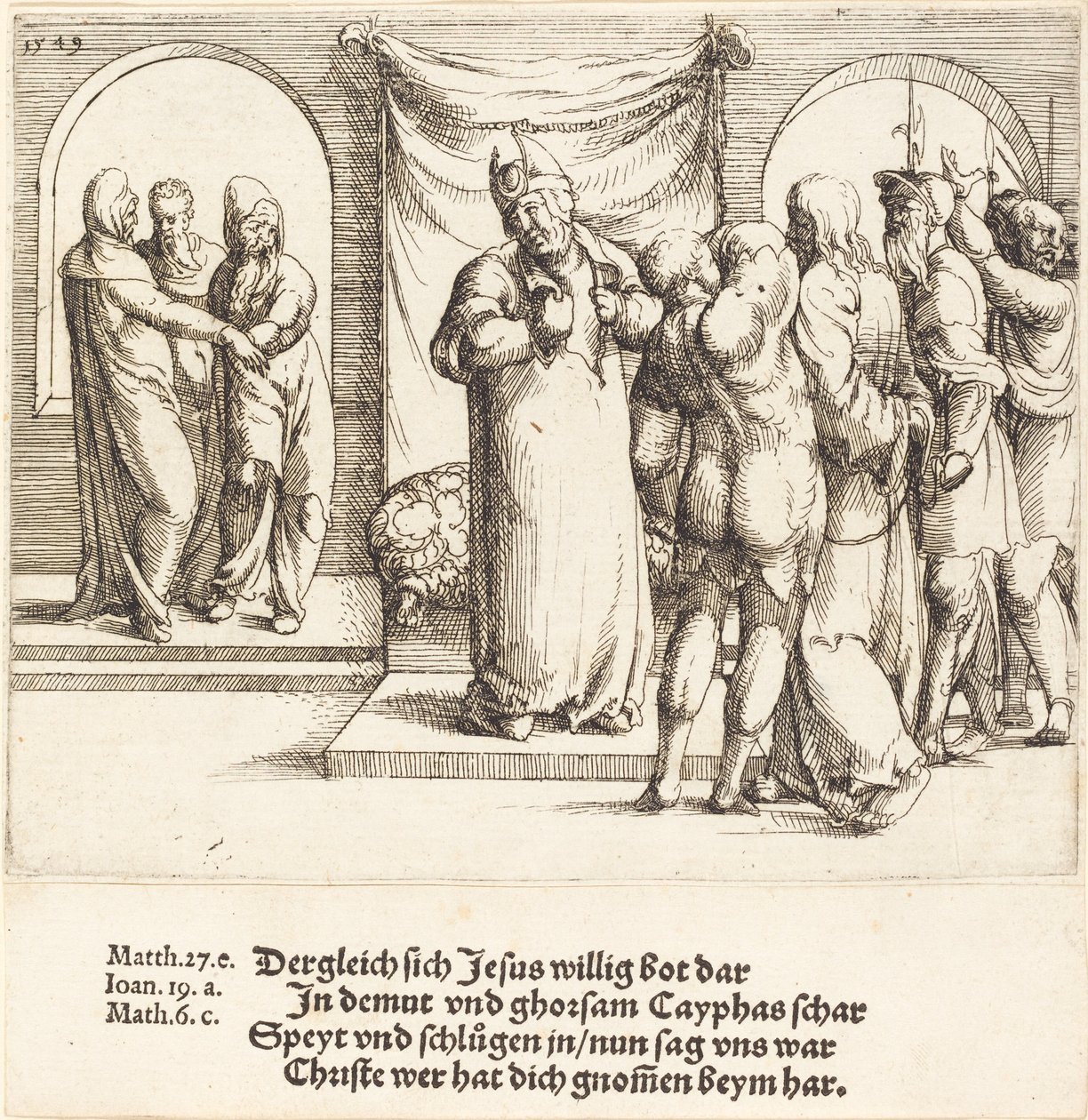 Le Christ est moqué, et Caïphe déchire ses vêtements - Augustin Hirschvogel