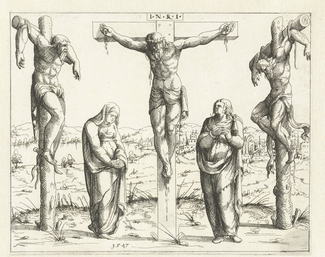 Christ en croix avec Marie et Jean - Augustin Hirschvogel