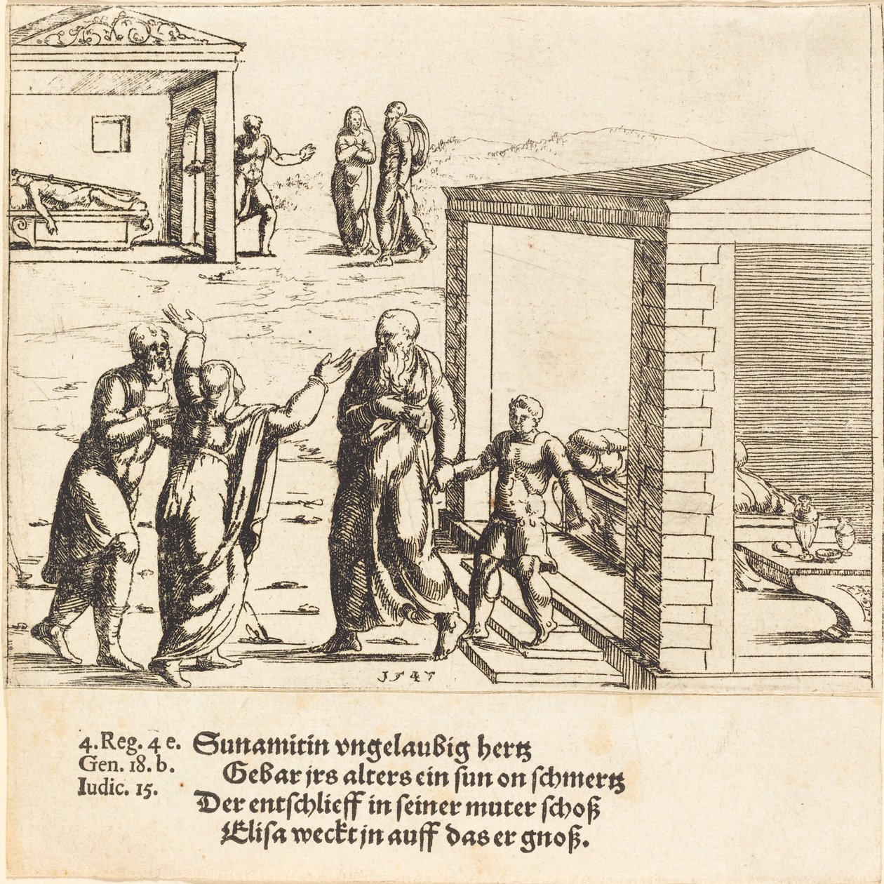 Élisée ressuscite le fils de la Sunamite, 1547 - Augustin Hirschvogel