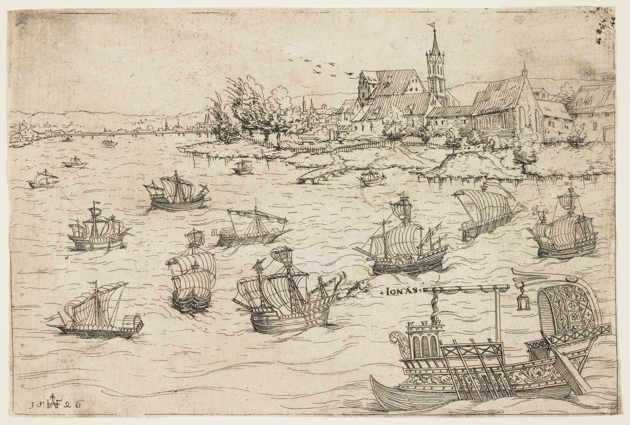 Jonas et la baleine sur un lac avec des voiliers, 1546 - Augustin Hirschvogel
