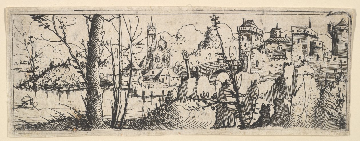 Paysage avec fort et une église sur une rivière, 1545 - Augustin Hirschvogel