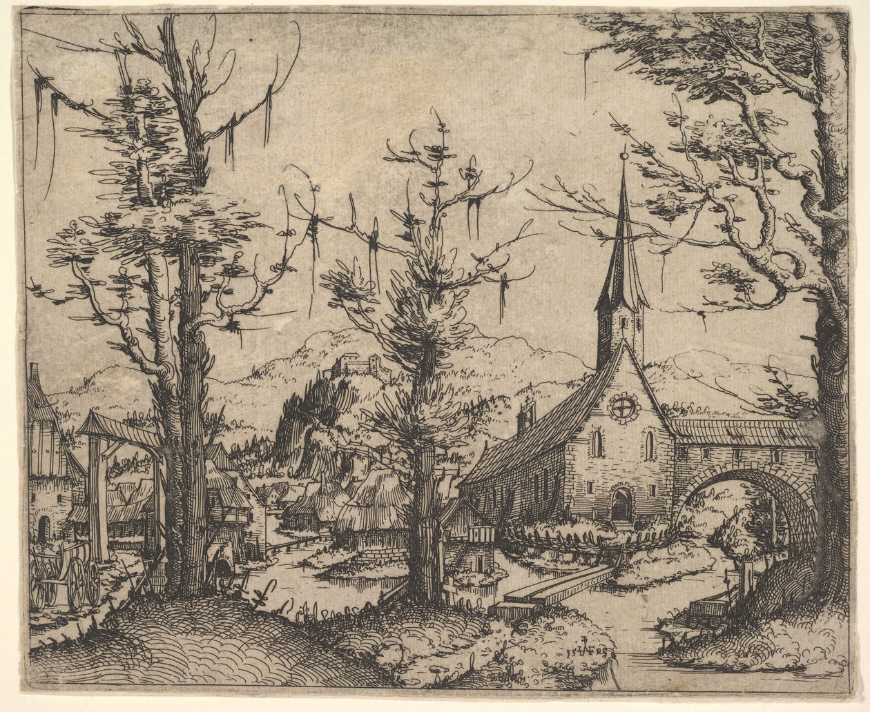 Paysage avec quatre arbres et une église à droite, 1545 - Augustin Hirschvogel