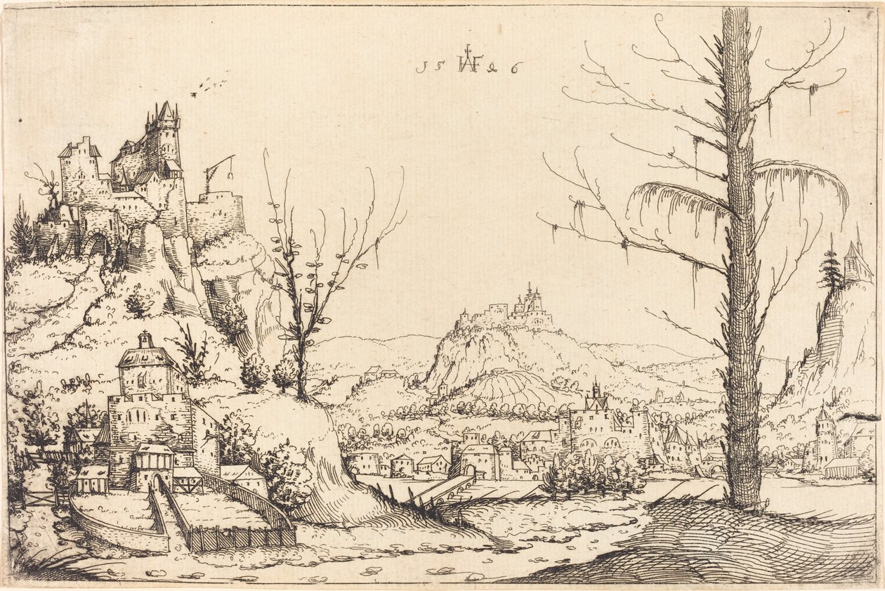Paysage avec hautes falaises, rivière et ville, 1546 - Augustin Hirschvogel