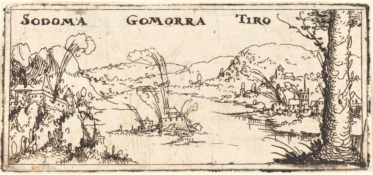 Paysage avec trois villes en feu : Sodome, Gomorrhe et Tyr - Augustin Hirschvogel