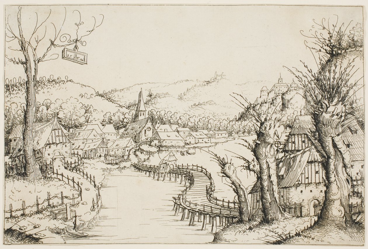 Paysage avec un pont en bois courbé - Augustin Hirschvogel
