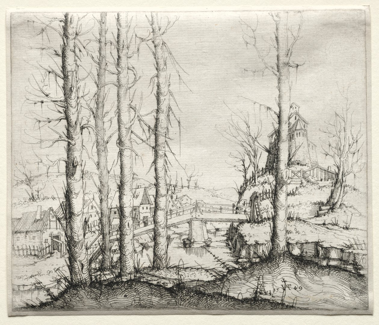 Paysage fluvial avec cinq épicéas nus au premier plan - Augustin Hirschvogel