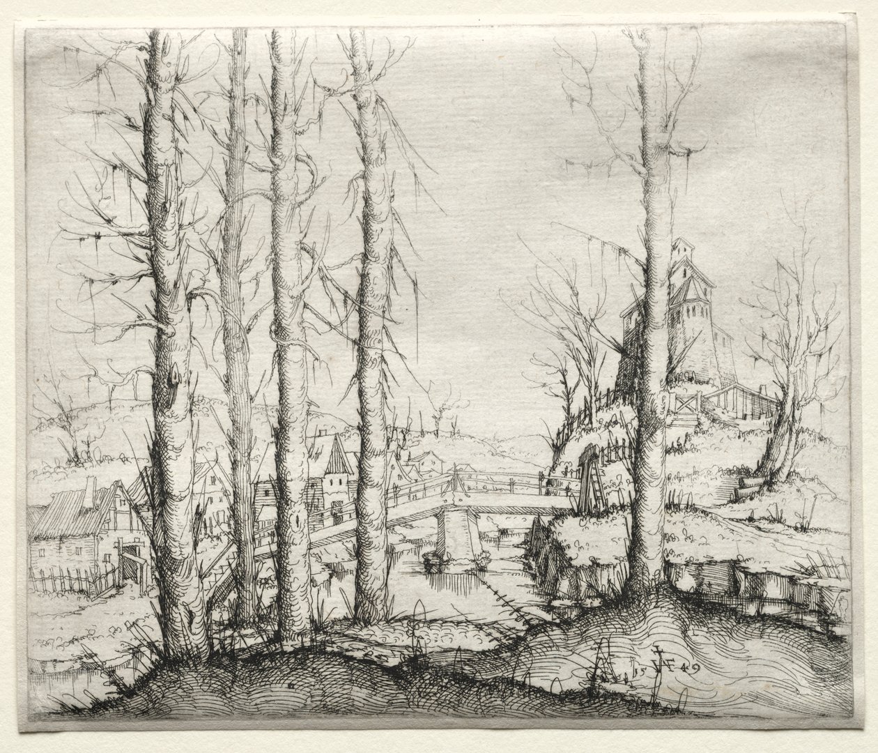 Paysage fluvial avec cinq épicéas nus au premier plan - Augustin Hirschvogel