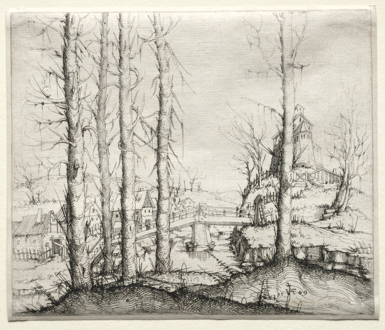 Paysage fluvial avec cinq sapins nus au premier plan, 1549 - Augustin Hirschvogel