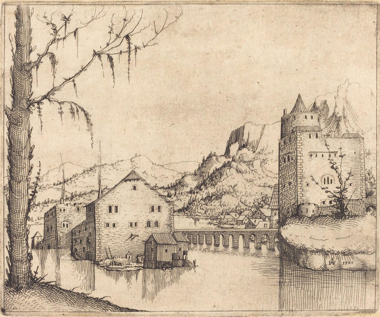 Paysage Fluvial avec Deux Bâtiments - Augustin Hirschvogel