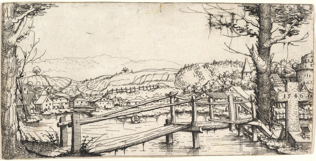 Paysage fluvial avec une passerelle, 1546 - Augustin Hirschvogel