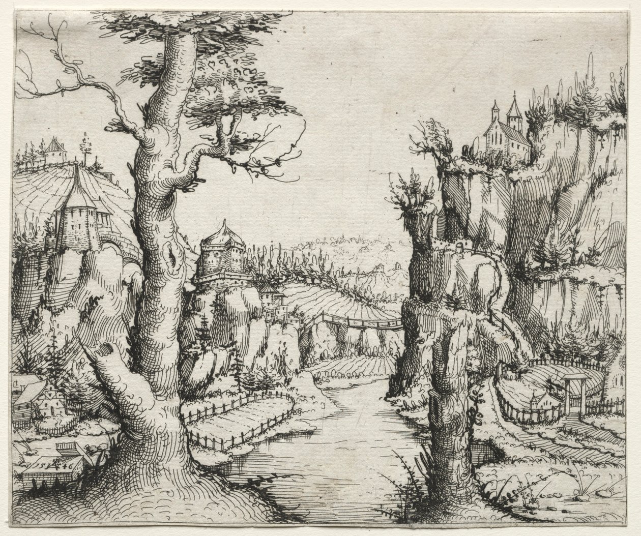Paysage fluvial avec rochers à gauche et à droite - Augustin Hirschvogel
