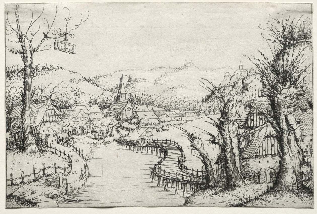 Paysage fluvial avec trois saules dénudés à droite et un long pont en bois sinueux, 1546 - Augustin Hirschvogel