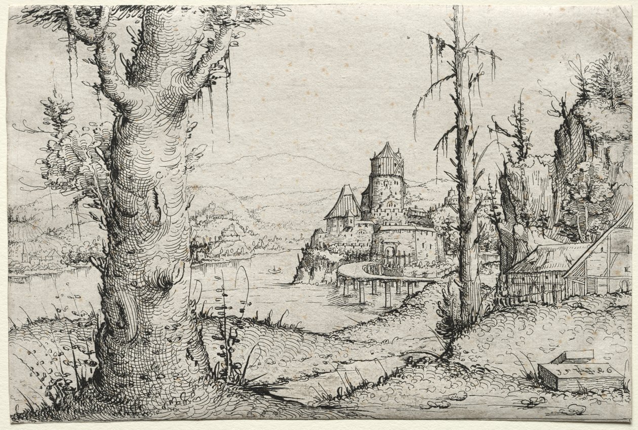 Paysage fluvial avec grand arbre à gauche - Augustin Hirschvogel