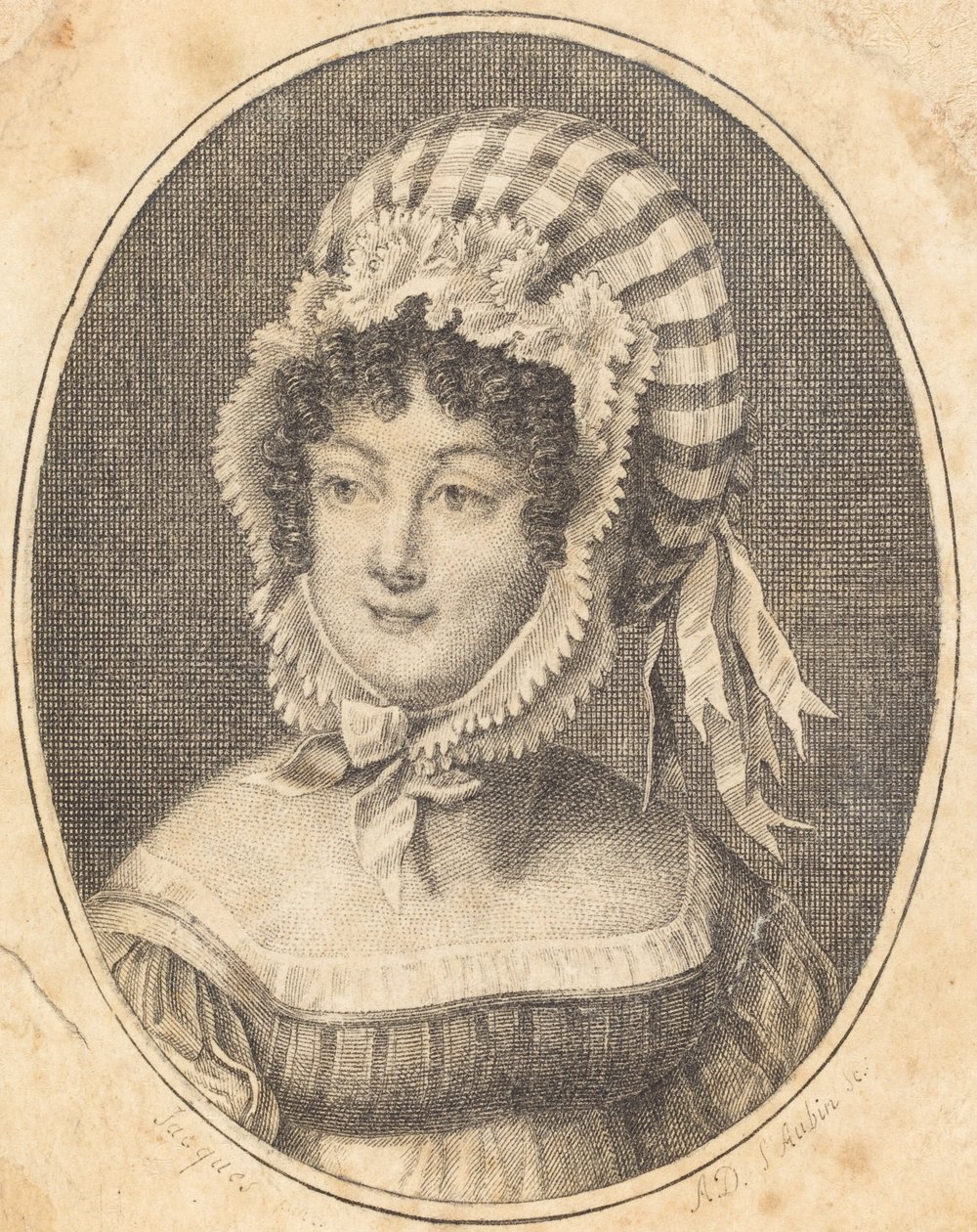 Tête de femme portant un bonnet rayé - Augustin de Saint Aubin