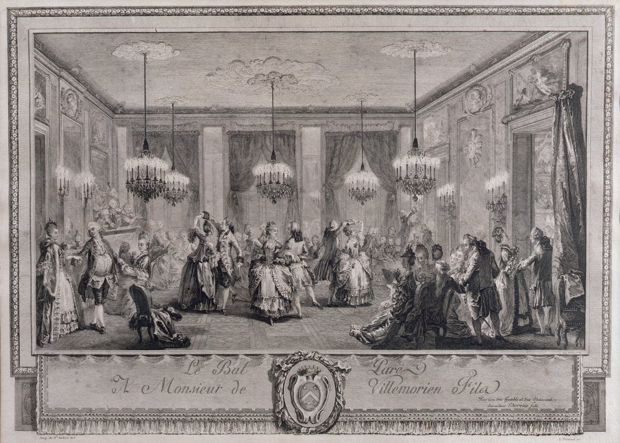 Le bal en robe de soirée chez Monsieur de Villemorien Fila, gravé par L. Provost - Augustin de Saint Aubin