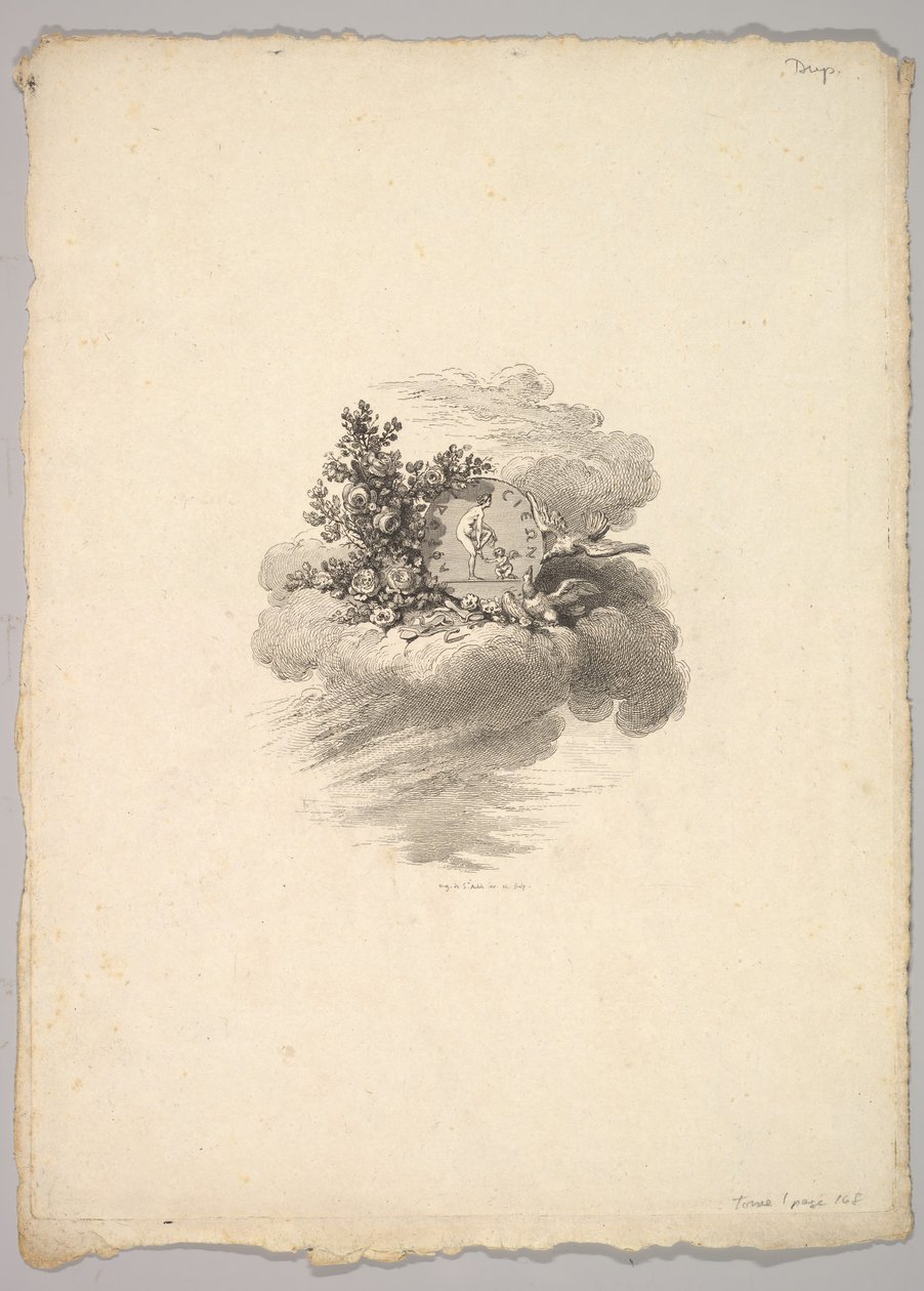 Vignette avec pièce de monnaie sur un nuage avec des roses à gauche et des colombes en dessous et à droite - Augustin de Saint Aubin