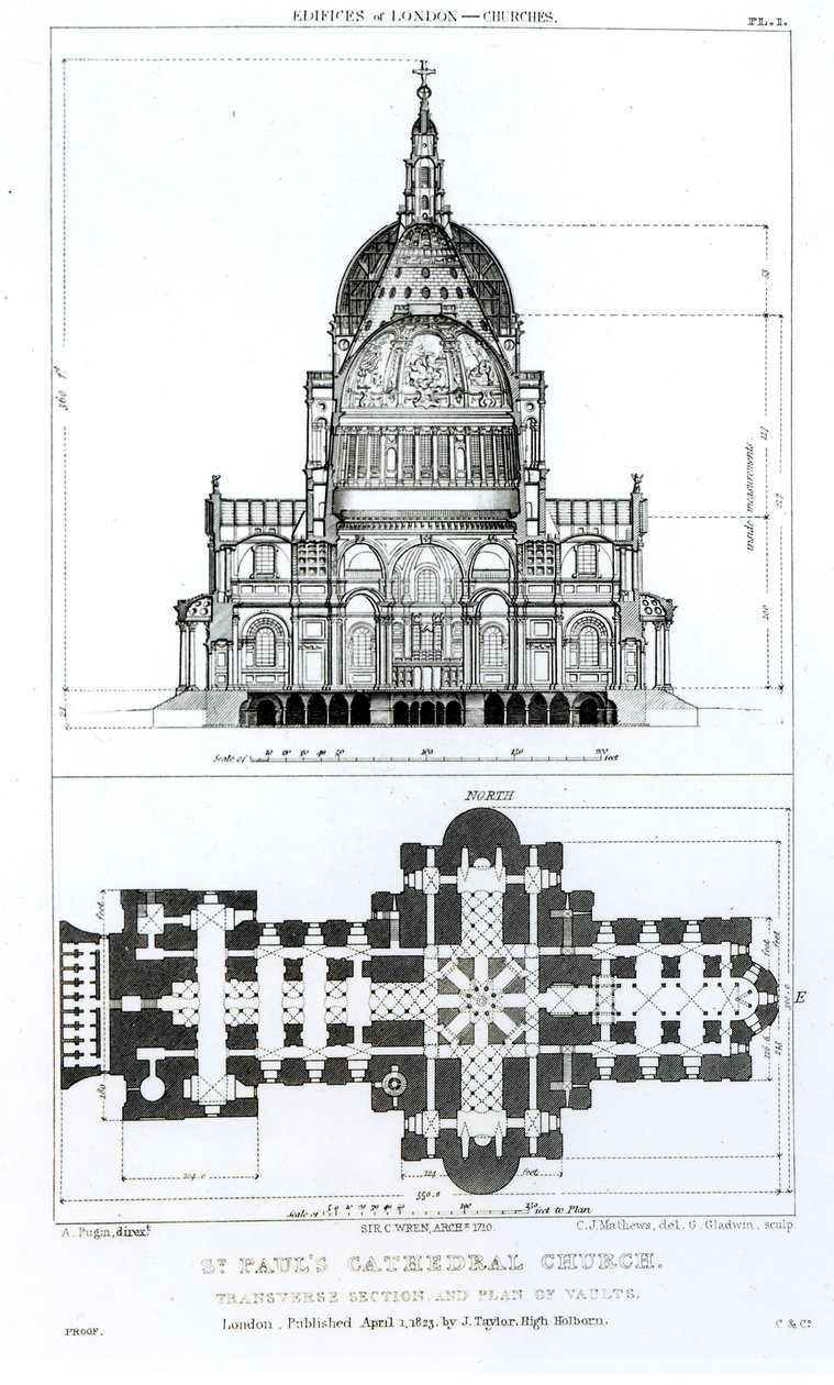 Coupe transversale de la cathédrale Saint-Paul et plan des voûtes, gravé par C. J. Mathews et G. Gladwin, publié en 1823 - Augustus Charles Pugin
