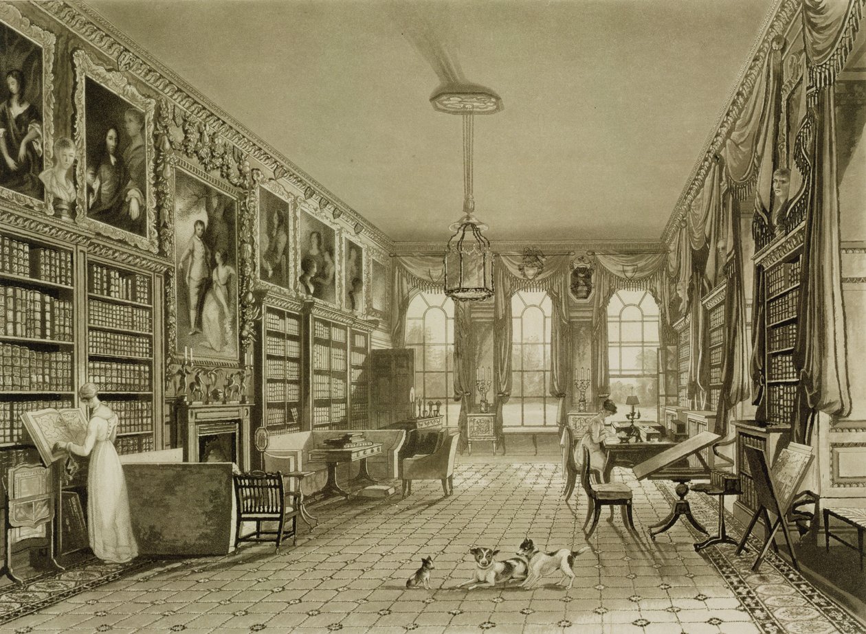Bibliothèque comme salon, Cassiobury Park, c.1815, de J. Britton 